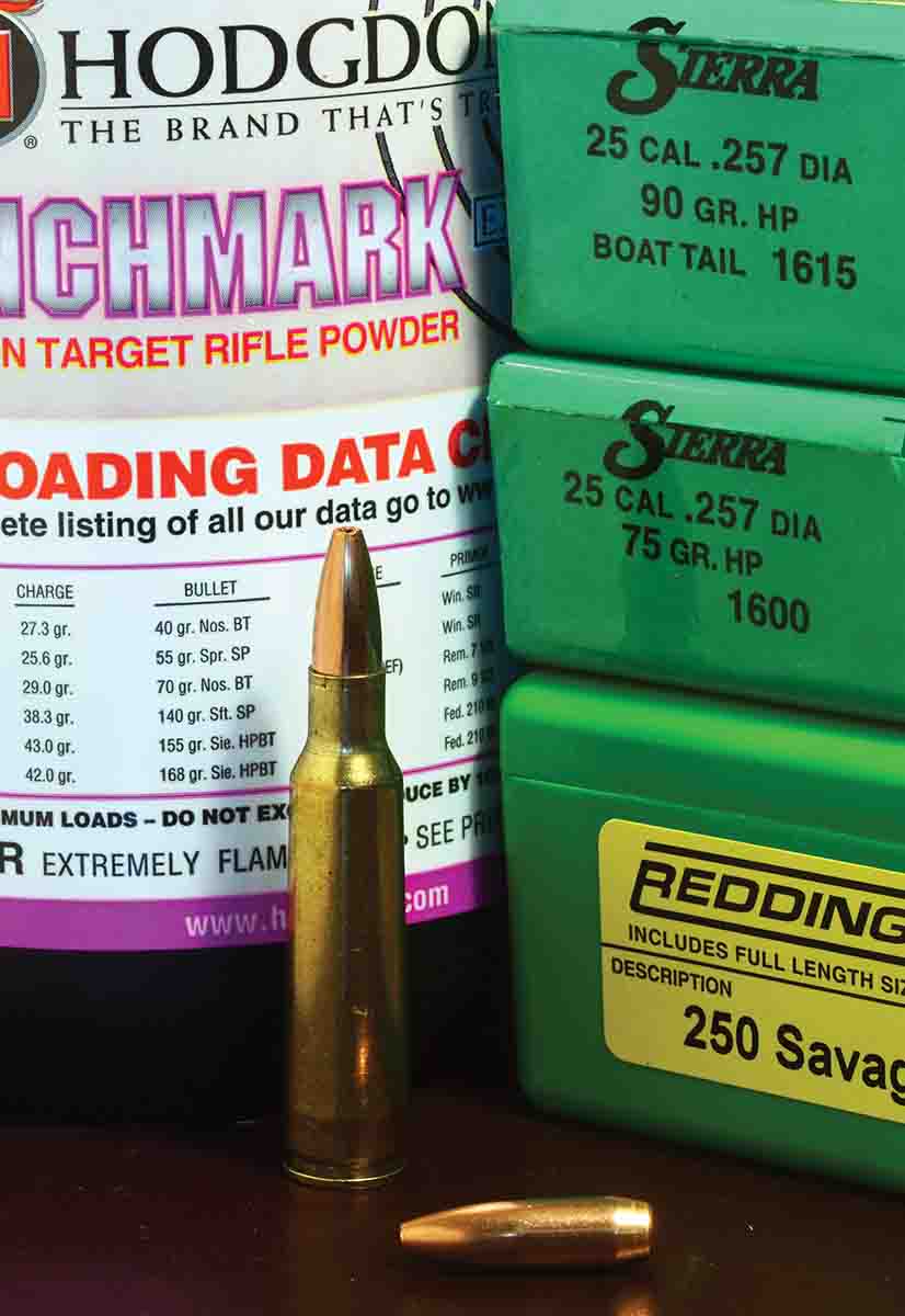 The optimum load with the Sierra 90-grain HPBT uses Hodgdon Benchmark powder. With the Speer 87-grain Hot-Cor, Terry tried five different powders.